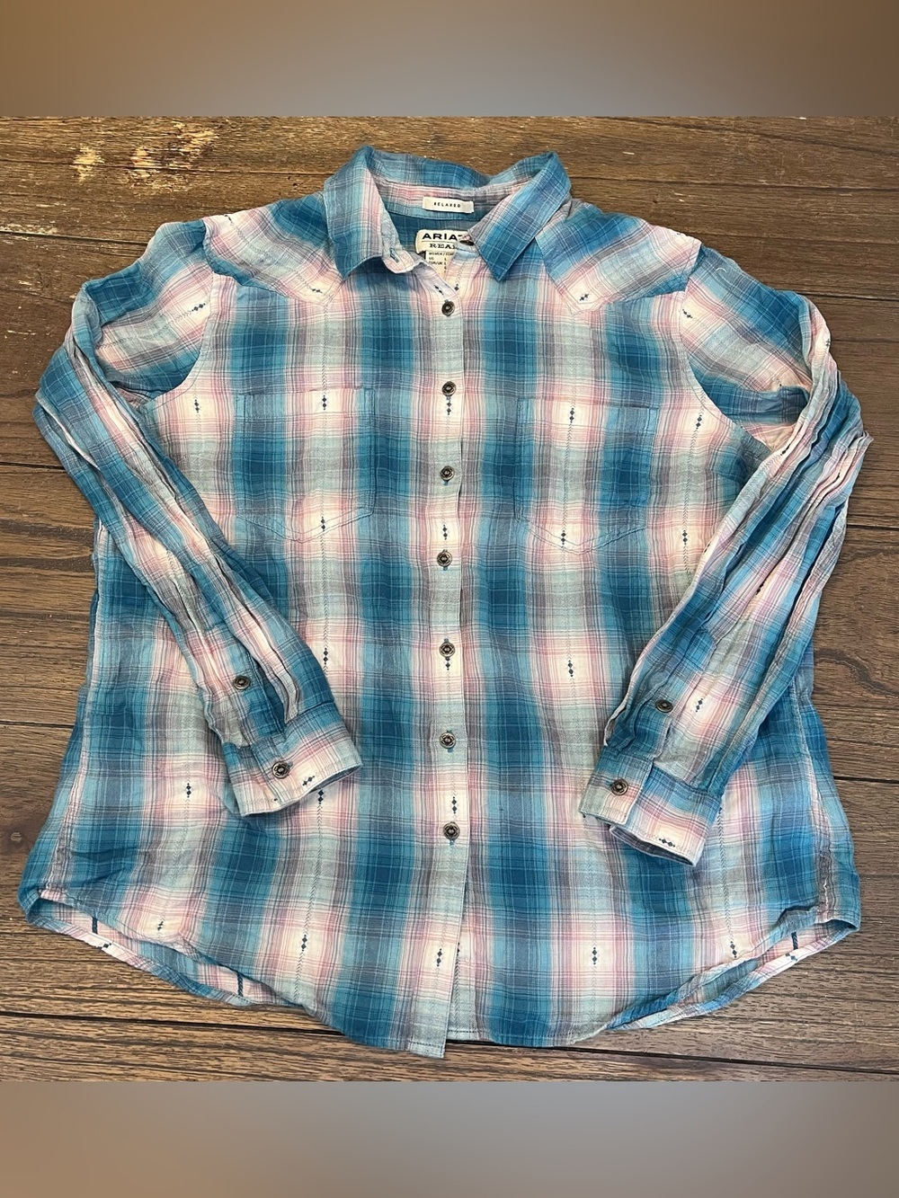 Ariat Real Long Sleeve Western Short Pink Blue Womens Large